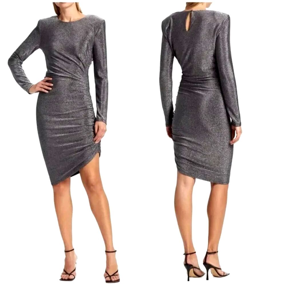 Veronica Beard Gunmetal Ruched Metallic Dress Long Sleeve Asymmetrical XS